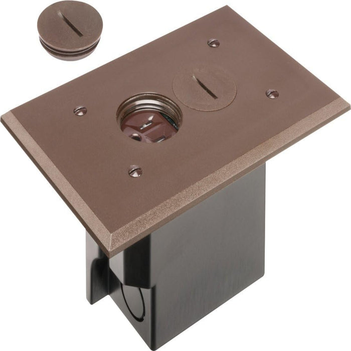 Arlington FLBR101BR rectangular floor box kit with brown cover, floor box housing, and threaded plug.