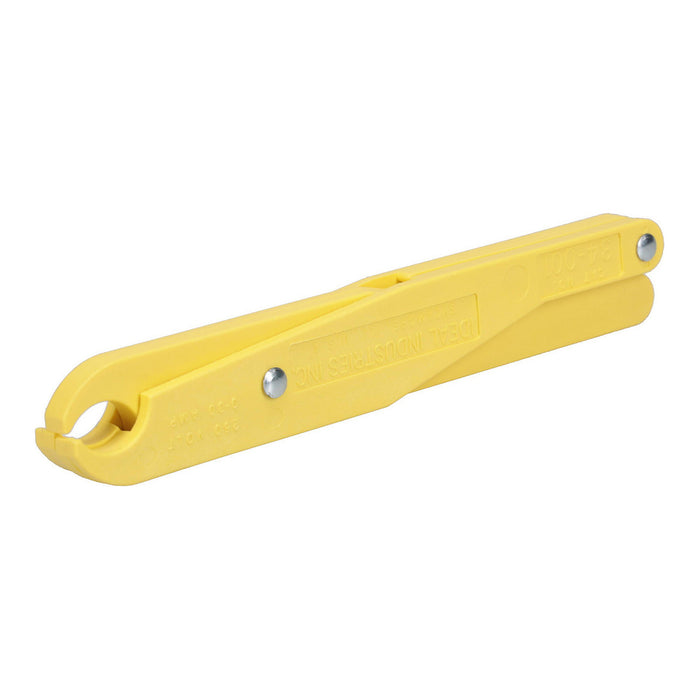 IDEAL yellow cable stripping tool with hinged handles and circular stripping opening, angled view