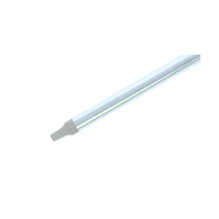 Close-up of a chrome screwdriver shaft with a flat-blade tip on a white background.
