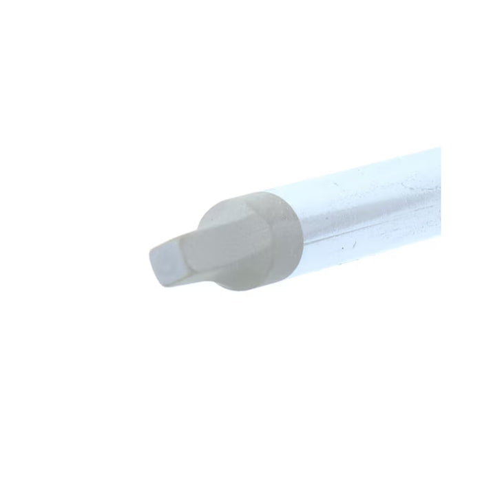 Close-up of a flat-blade screwdriver tip with chrome shaft on a white background. 