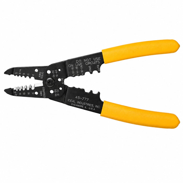 IDEAL 45-777 7-in-1 wire stripper for 6–16 AWG solid and 8–18 AWG stranded wire with crimping, cutting, and plier functions.