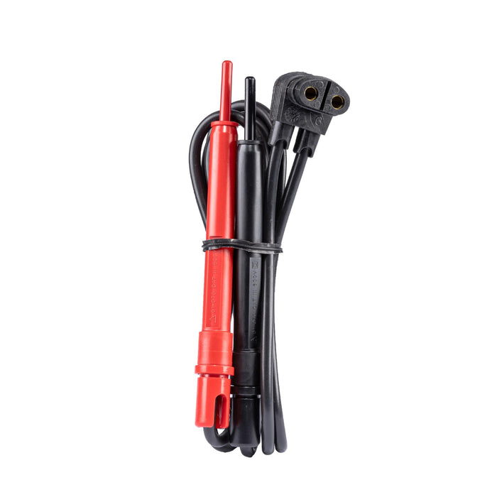 Red and black electrical test probes with attached cable and two-prong connector, shown on a white background. 