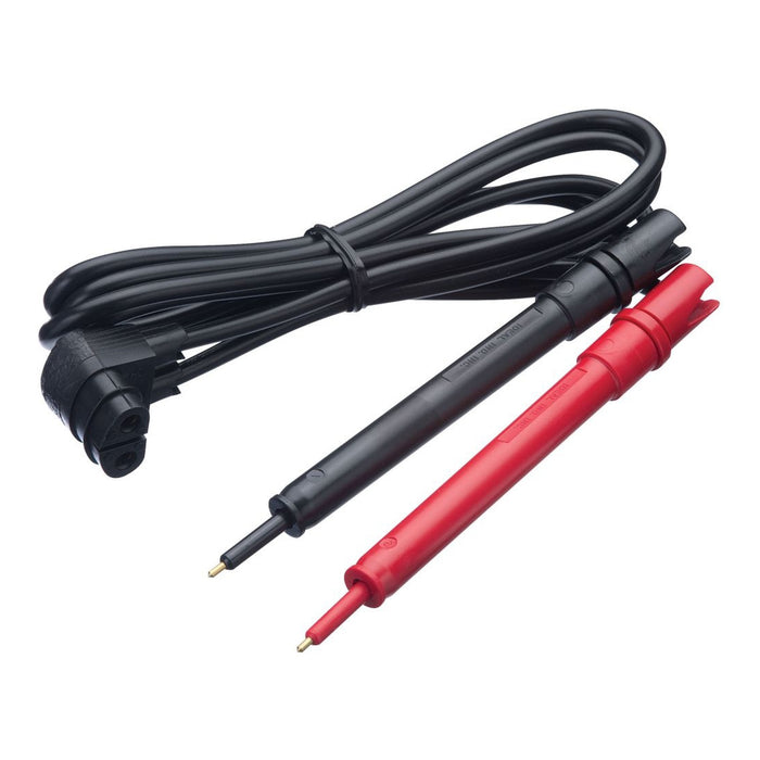 Red and black electrical test lead probes with attached cable and two-prong connector on a white background. 