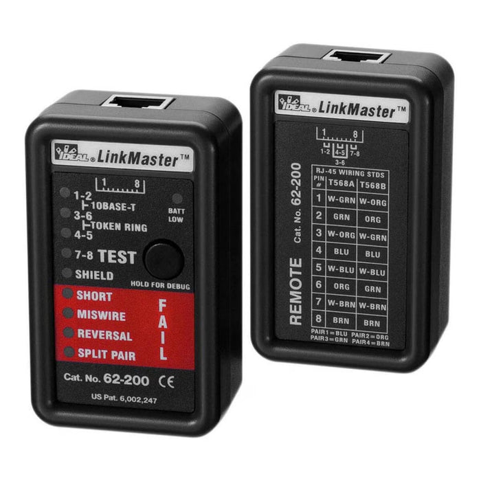 IDEAL 62-200 LinkMaster UTP/STP cable tester with remote for testing RJ-45 network cabling, continuity, wiring faults, and shield integrity.