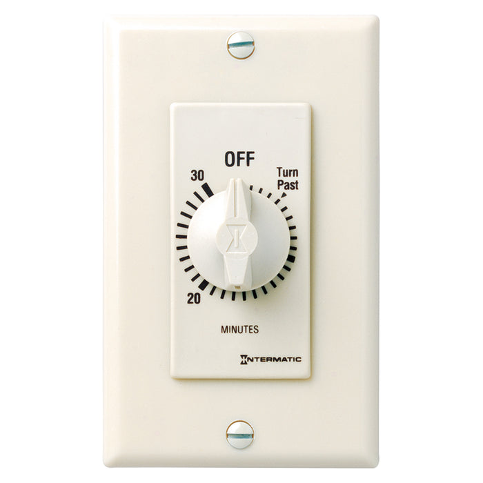 Intermatic FD30MAC 30-minute in-wall spring-wound countdown timer with light almond wall plate and rotary control knob.