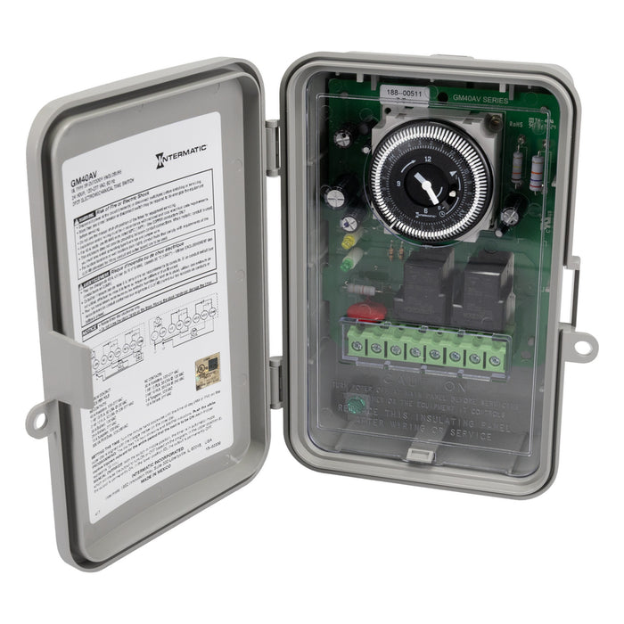 Intermatic GM40AV electromechanical time switch shown open with 24-hour timer dial, wiring terminals, and weather-resistant enclosure.