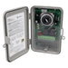 Intermatic GM40AV electromechanical time switch shown open with 24-hour timer dial, wiring terminals, and weather-resistant enclosure.