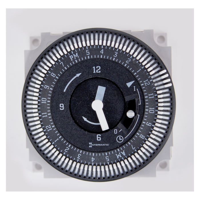 Intermatic GM40AV 24-hour electromechanical timer dial with programmable captive trippers.