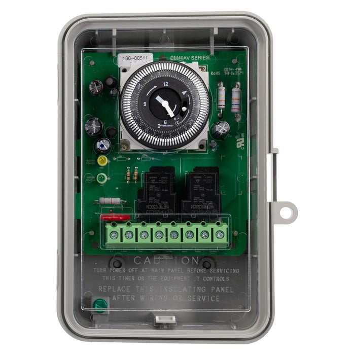 Intermatic GM40AV time switch shown open with timer mechanism and electrical wiring terminals.