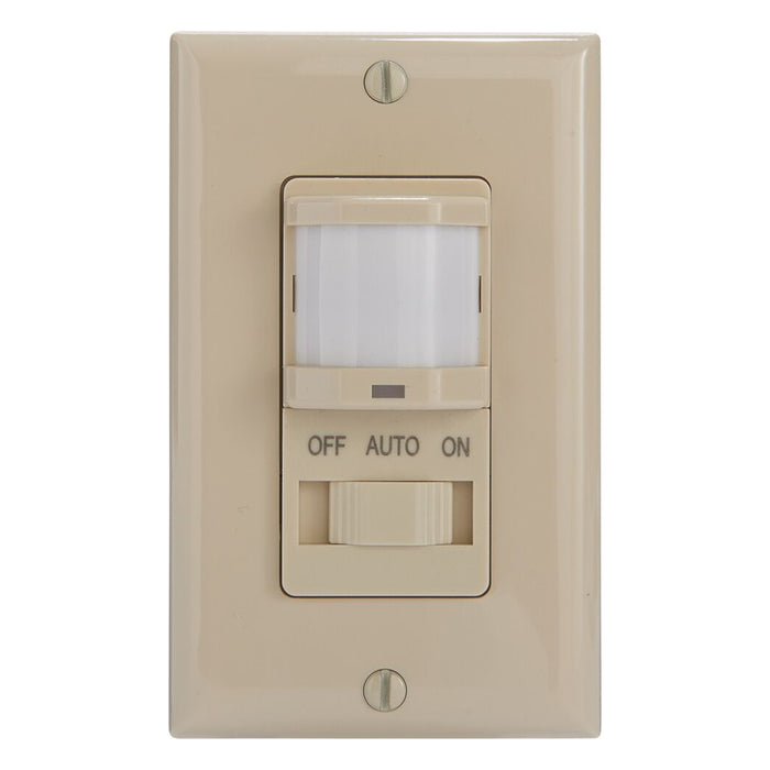 Intermatic IOS-DSIF-IV ivory in-wall PIR occupancy sensor with decorator wall plate and OFF/AUTO/ON controls.