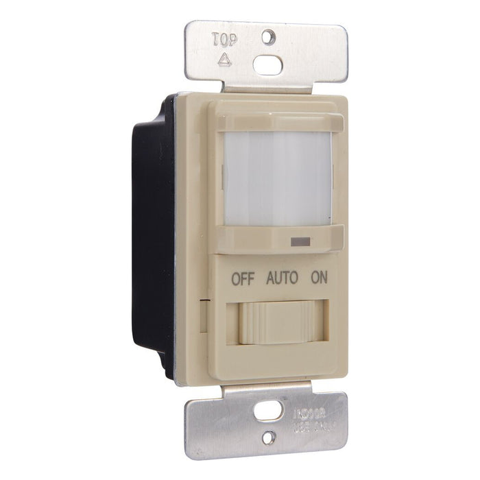Intermatic IOS-DSIF-IV in-wall occupancy sensor shown from the front with mounting strap.