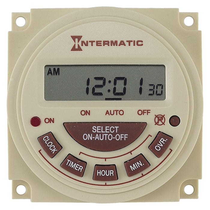 Intermatic PB314E 24-hour electronic panel-mount timer with digital LCD display and programmable ON/OFF/AUTO controls.