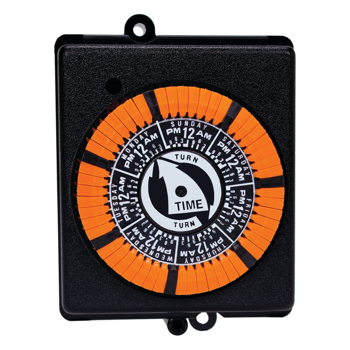 Intermatic PB873MKZ 7-day mechanical panel-mount timer with black housing and orange captive tripper dial.