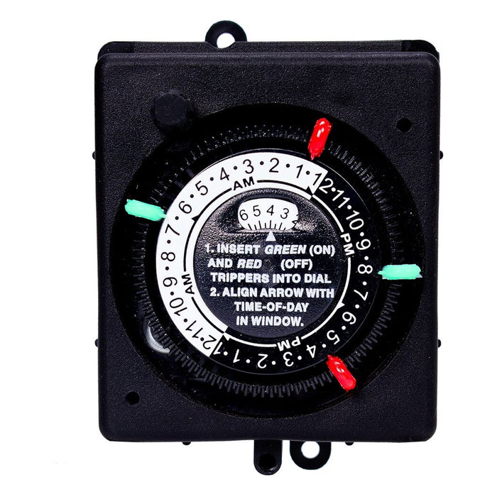 Intermatic PB914N84 24-hour mechanical panel-mount timer with black housing and color-coded trippers, front view.