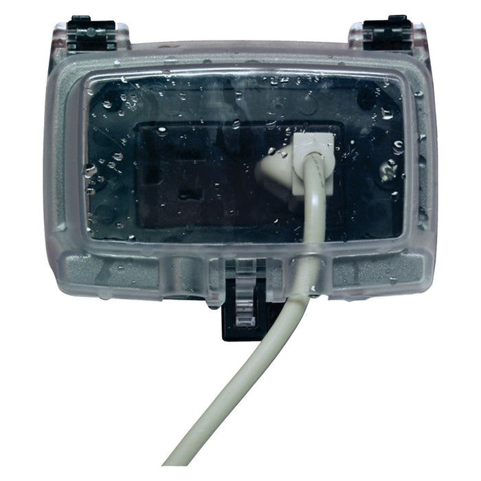 Intermatic WP1000HC clear single-gang horizontal weatherproof in-use cover shown with connected power cord.