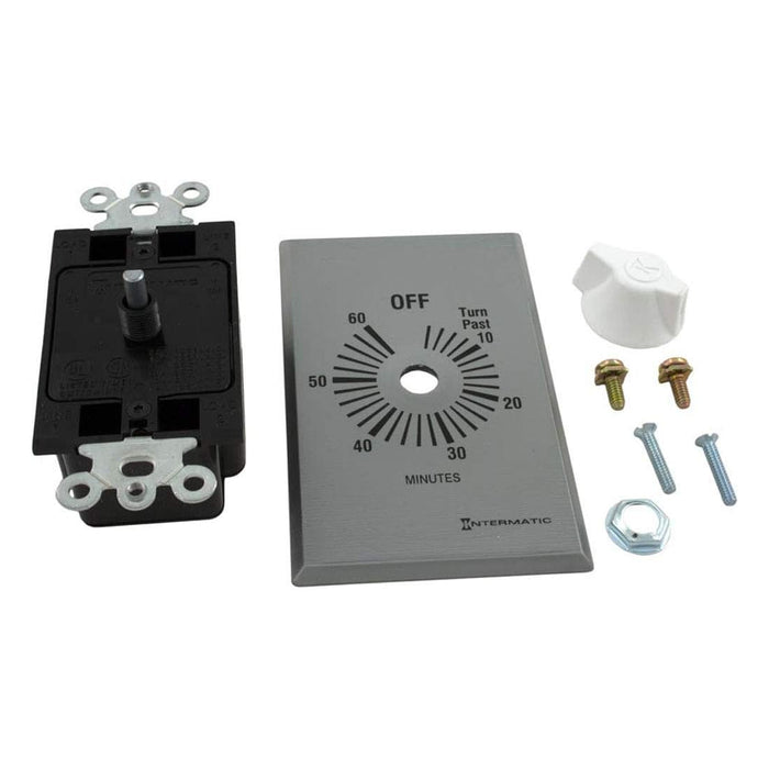 Intermatic FF60MC countdown timer kit showing timer mechanism, silver wall plate, knob, and installation hardware.