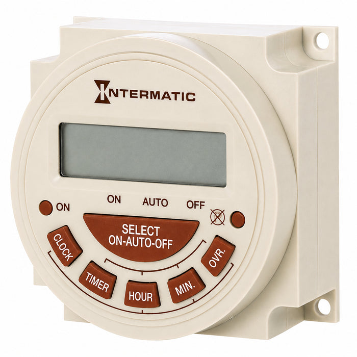Intermatic PB314E electronic timer shown from the front with digital display and scheduling control buttons.