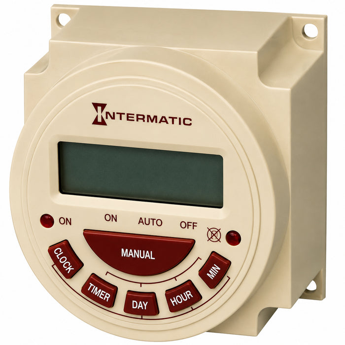Intermatic PB373E 120V 7-day electronic panel mount timer, angled front view.