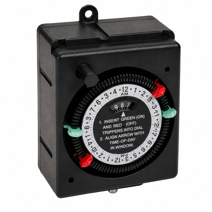 Intermatic PB914N84 24-hour panel-mount timer with black enclosure and mechanical timing dial, angled view.