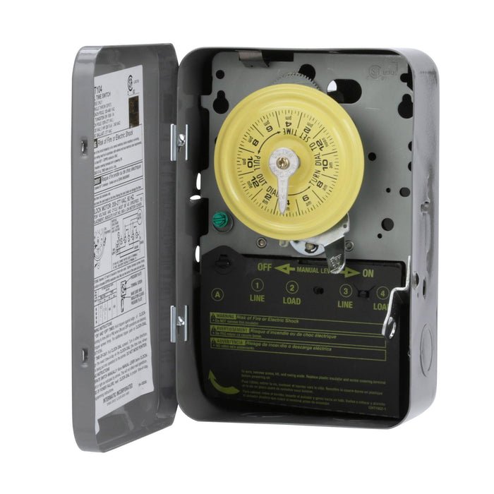 Intermatic T104 24-hour mechanical time switch in gray metal enclosure, open front view