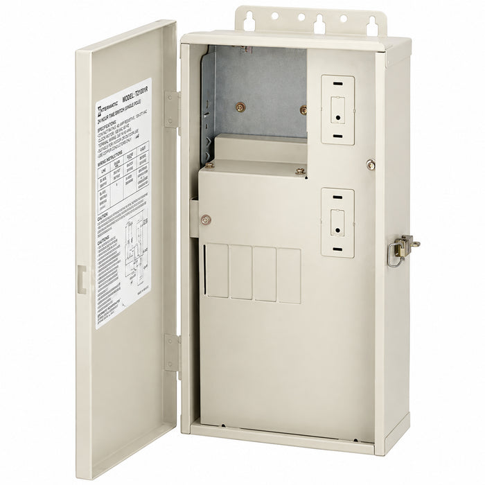 Intermatic T21001R pool and spa control center with open light beige enclosure and internal control panel.