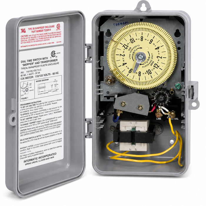 Intermatic T8845PV irrigation timer with enclosure door open and mechanical 14-day skipper timer visible.