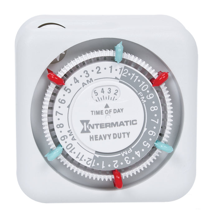 Intermatic TN311 heavy-duty grounded timer with 24-hour mechanical dial and color-coded ON/OFF trippers.