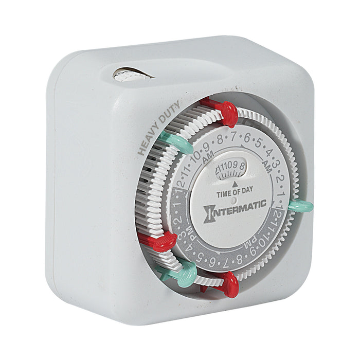 Intermatic TN311 mechanical timer showing the 24-hour scheduling dial and colored trippers.