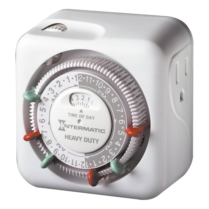 Intermatic TN311 15A grounded plug-in timer shown from an angled front view.
