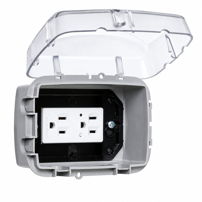 Intermatic WP3100C clear while-in-use cover shown open with horizontal receptacle configuration.
