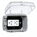 Intermatic WP3100C clear while-in-use cover shown open with horizontal receptacle configuration.