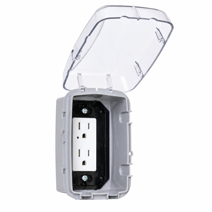 Intermatic WP3100C clear weatherproof receptacle cover shown open with vertical outlet configuration.