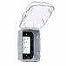 Intermatic WP3100C clear weatherproof receptacle cover shown open with vertical outlet configuration.