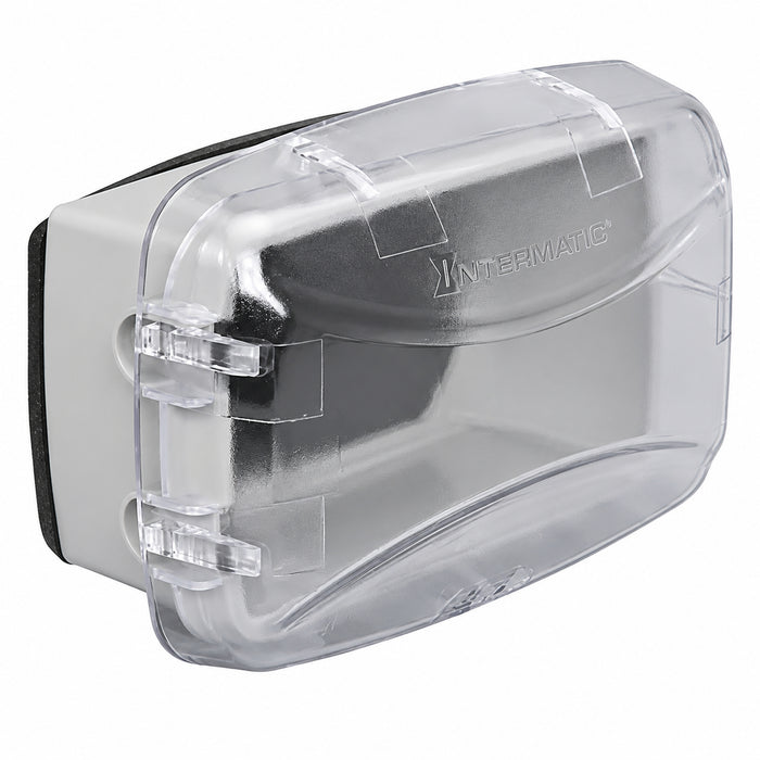 Intermatic WP3100C clear weatherproof receptacle cover shown from the front with cover closed.