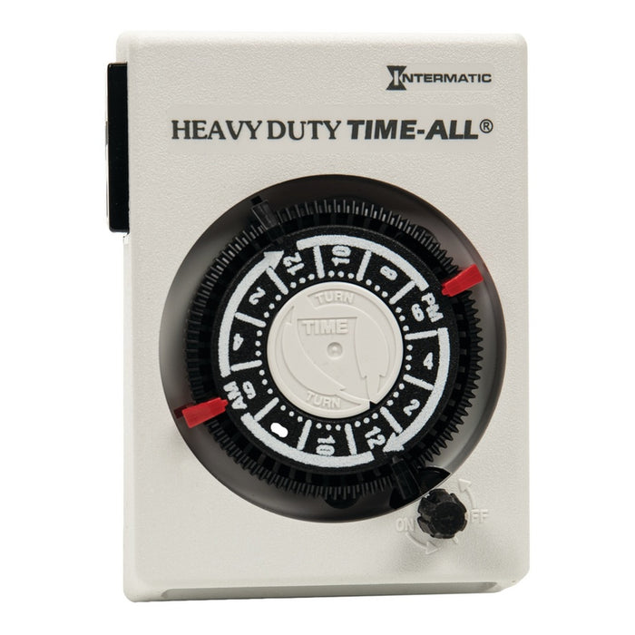 Intermatic HB114 24-hour heavy-duty plug-in mechanical timer, front view with scheduling dial and manual override.