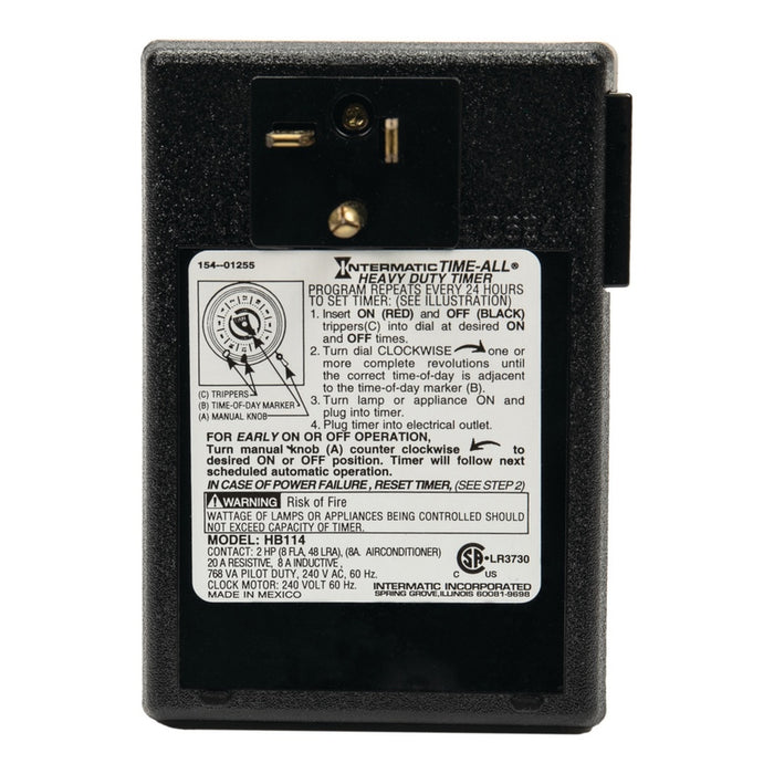 Intermatic HB114 240V mechanical timer, rear view showing product specification label.