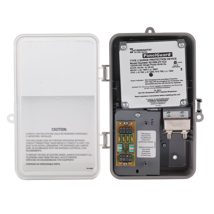 Intermatic IG1300-2T-1C3 Type 2 surge protector with clear enclosure cover open, front view.