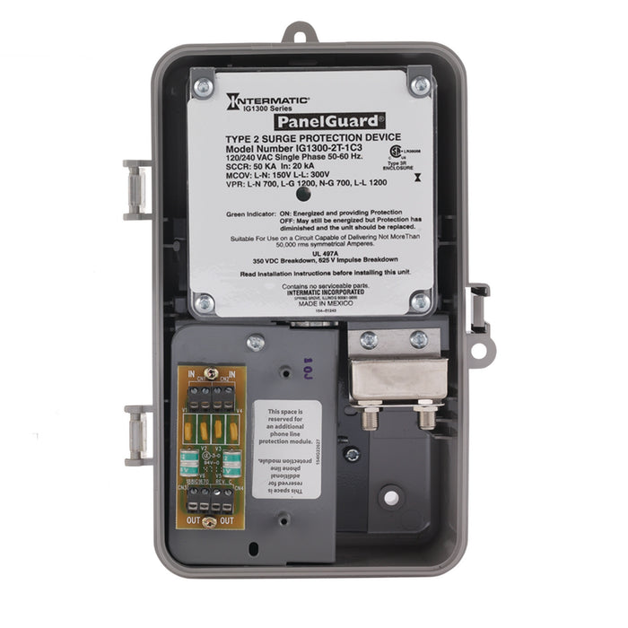 Intermatic IG1300-2T-1C3 120/240V surge protective device showing internal protection components.