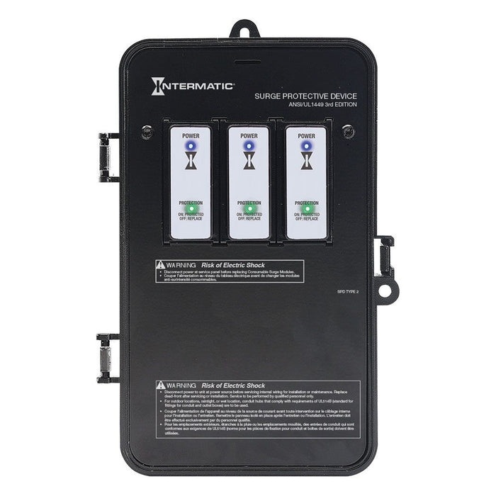 Intermatic IG2240-PK whole house surge protector with three replaceable surge protection modules and LED status indicators.