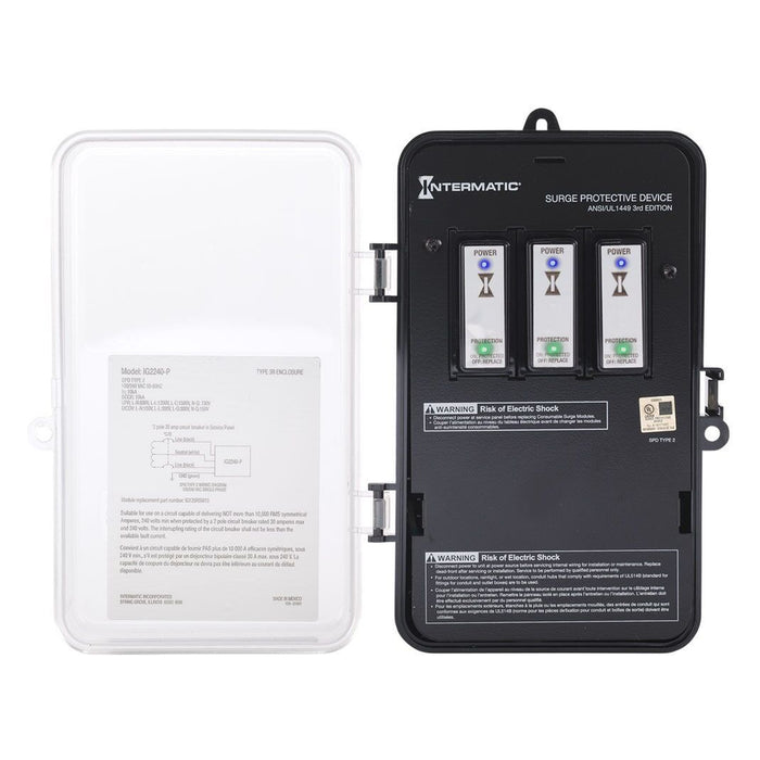 Intermatic IG2240-PK 120/240V whole house surge protector with enclosure and replaceable modules.