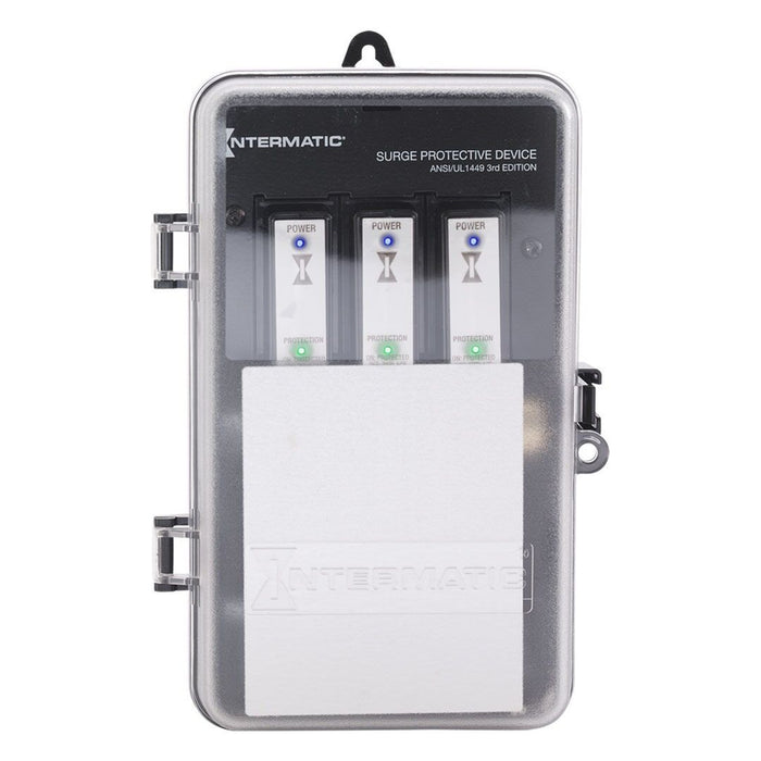 Intermatic IG2240-PK surge protective device shown with protective cover open and internal modules visible.