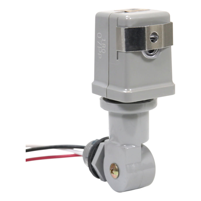 Intermatic K4221C 120V photocontrol side view showing adjustable swivel mount and lead wires.