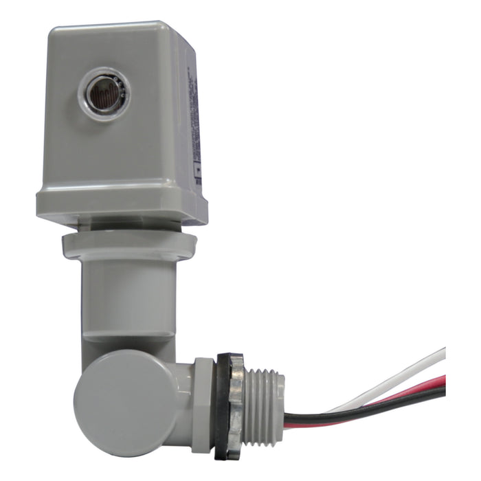 Intermatic K4221C thermal photocontrol alternate side view with threaded stem and wiring leads.