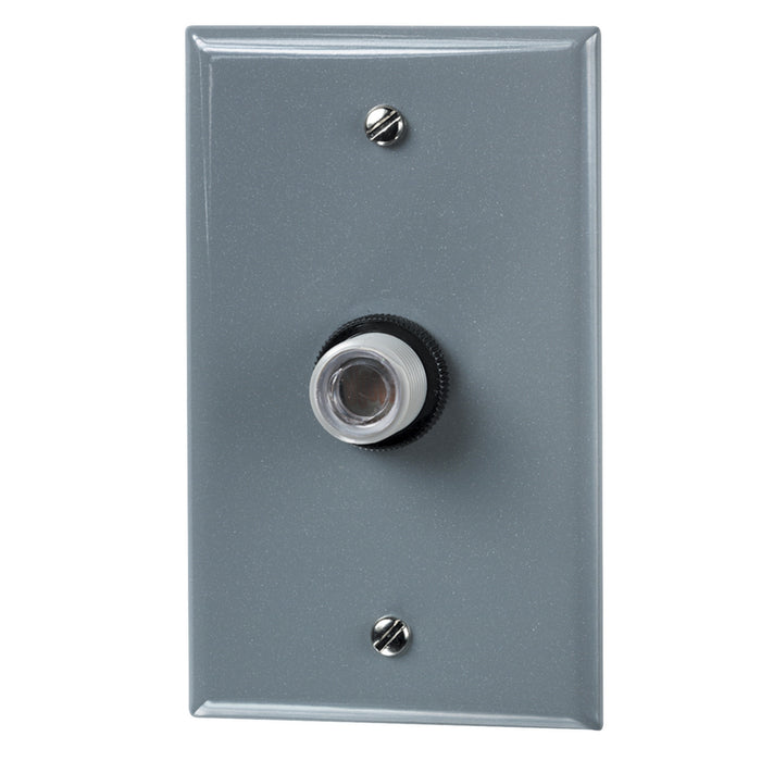 Intermatic K4321C 120V wall-mount thermal photocontrol with gray weatherproof wall plate, front view.