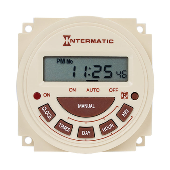 Intermatic PB373E 2.375-inch 7-day electronic panel mount timer with LCD display and manual control buttons, front view.