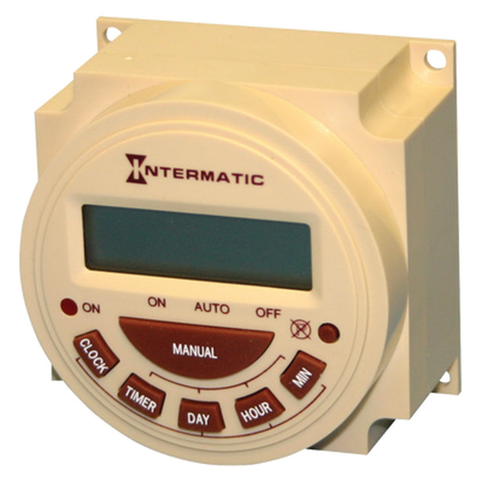 Intermatic PB374E 240V 7-day panel mount timer, angled front view.