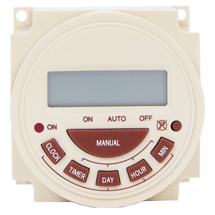 Intermatic PB374E 7-day electronic panel mount timer with digital display and manual control buttons.