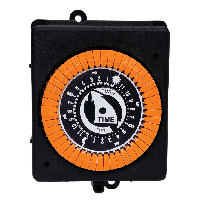Intermatic PB913N 24-hour mechanical panel mount timer with orange trippers and black housing, front view.