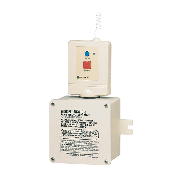 Intermatic RC613R heavy-duty radio receiver with beige enclosure, ON/OFF controls, and receiver module.
