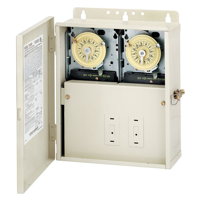 Intermatic T10404R pool and spa control center with dual T104M mechanical timers and open light beige enclosure